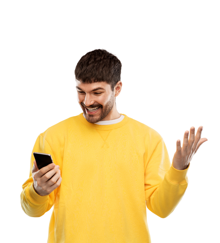 VocabMastery Happy yellow man while looking at his phone